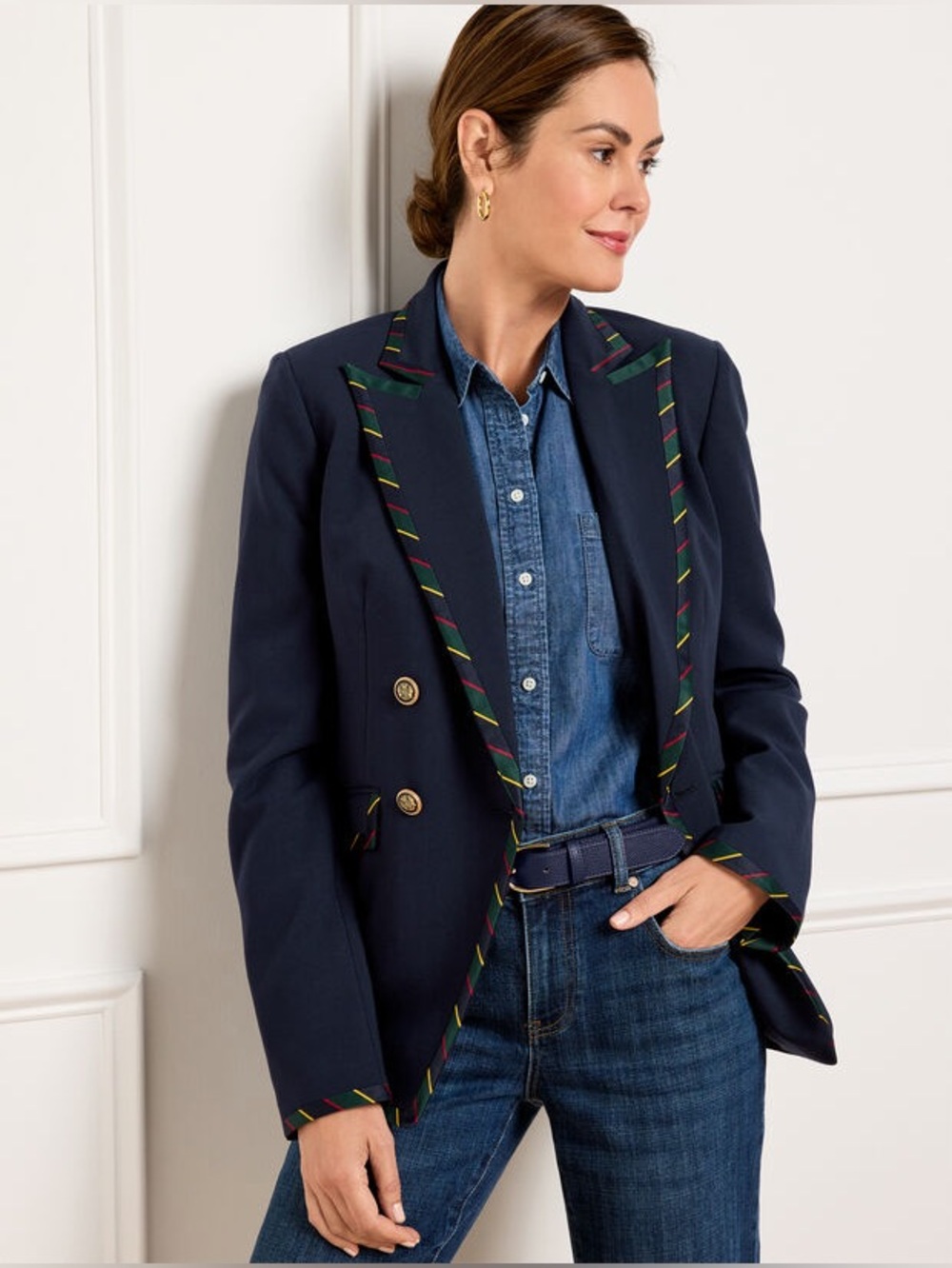 Talbots Blazer Jacket Womens 24W Ribbon Trim Navy Blue New
